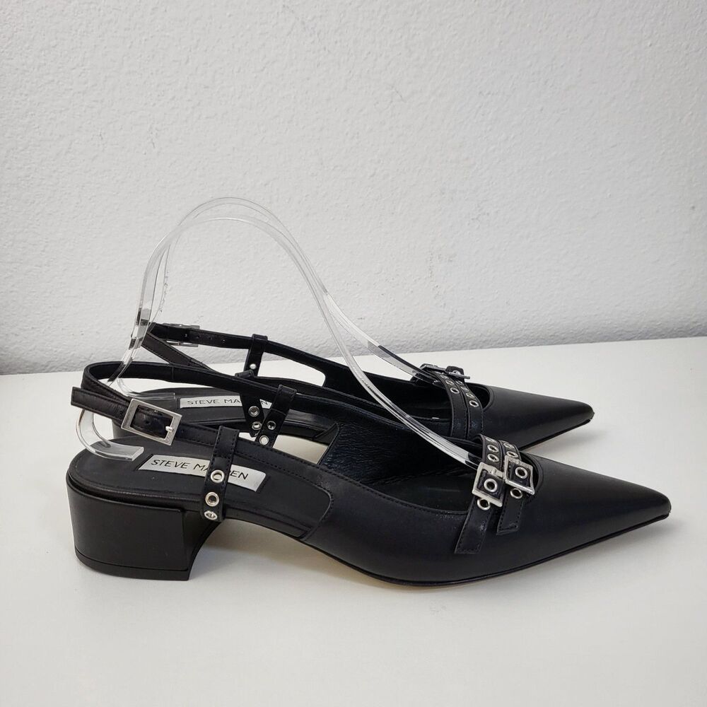 STEVE MADDEN Loca Shoes Womens 8.5 Black All Leather Buckle Slingback Low Pumps